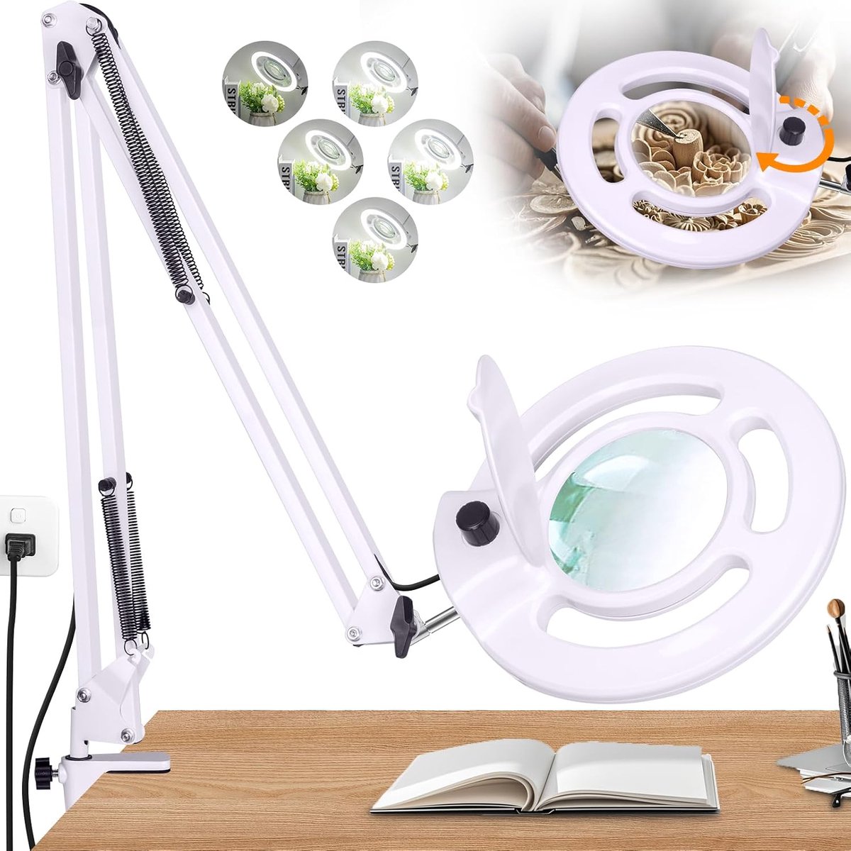 5 vergrootglazen met licht en klem, 2200 lumen, super helder, dimlicht, 8 dioptrieglas, verstelbare draaibare arm, handsfree vergrootglas om te lezen en te knutselen
