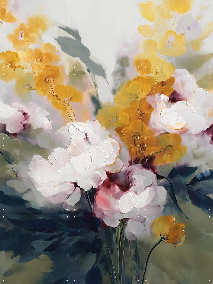 IXXI Cream Peonies And Golden Blossoms, Branka Kodžoman - 60 x 80 cm - Gratis ophangtool - Grote wanddecoratie en posters - Schilderijen
