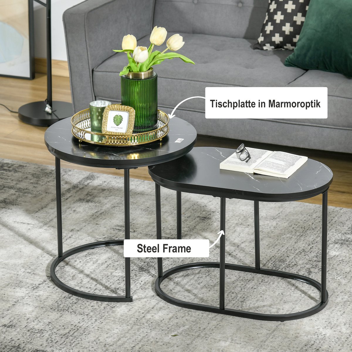 Homona Salontafelset - Set van 2 - Stapelbaar - Met marmerlook - Ø50 x 50,5 cm en 60 x 36 x 43,5 cm - Zwart
