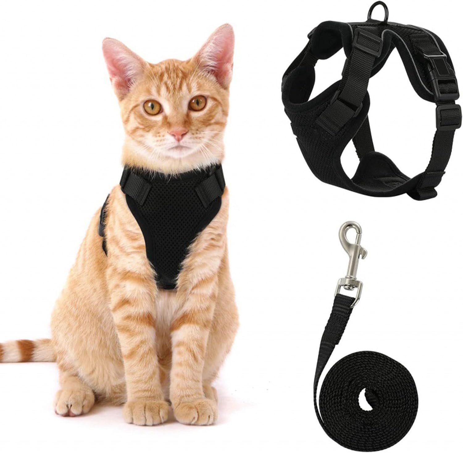 Kattenharnas met riem, ontsnappingsbestendig, set voor katten en kittens, verstelbaar zacht harnas van ademend mesh, reflecterend en veilig voor wandelingen, maat S, zwart