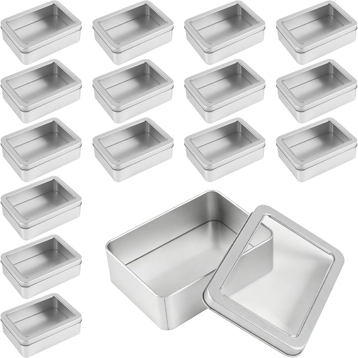 16 stuks metalen blikjes met kijkvenster, 12,5 x 9 x 4 cm, zilver blik, kleine metalen doos met deksel, koekjesdoos, metaal, kaartspeldoos voor kaartspellen, koekjes opslag