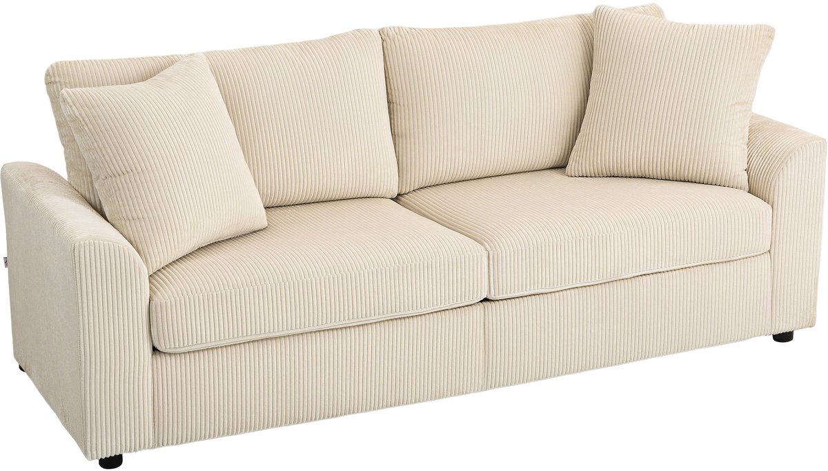 Homona 3-zitsbank van cord - Met 2 kussens - 212 x 80 x 88 cm - Crèmewit