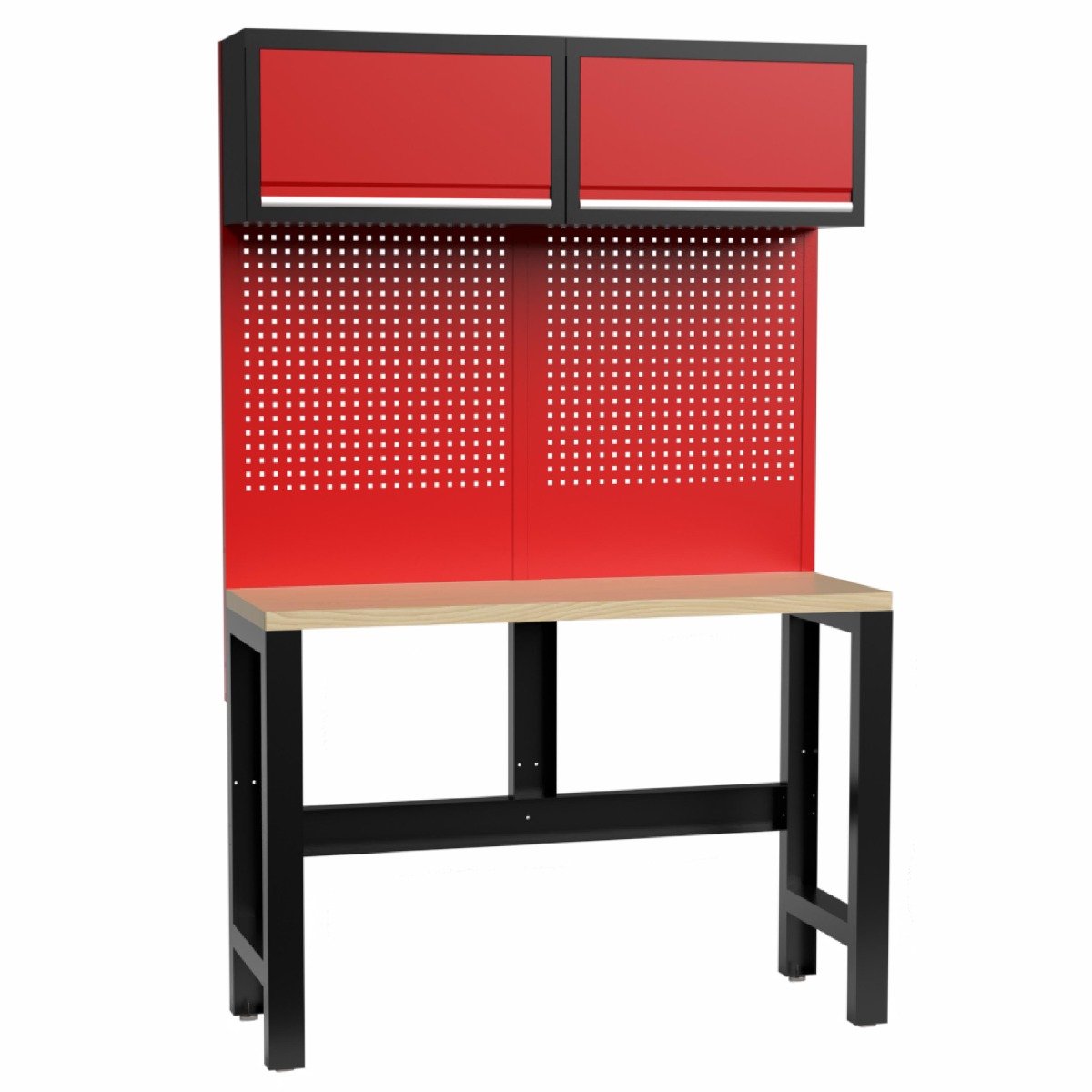 Kraftmeister werkbank 136 cm - Werktafel met met gereedschapswand, 2 opbergkasten en multiplex werkblad - Rood