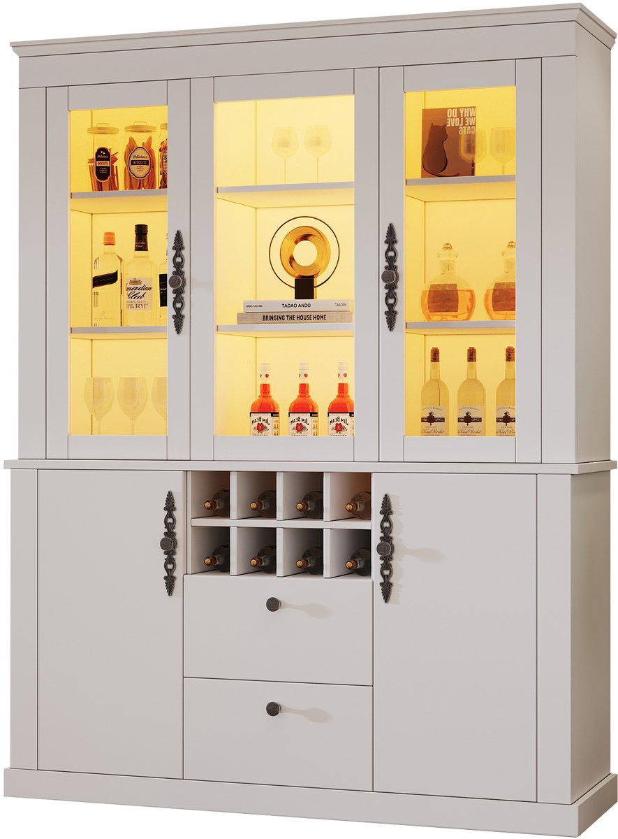 Witte Vitrinekast Met Ledverlichting - Vitrinekast 130 Cm Breed Met Glazen Deuren - 2 Laden, 4 Deuren En 8 Wijnrekken - Voor Woonkamer Of Eetkamer