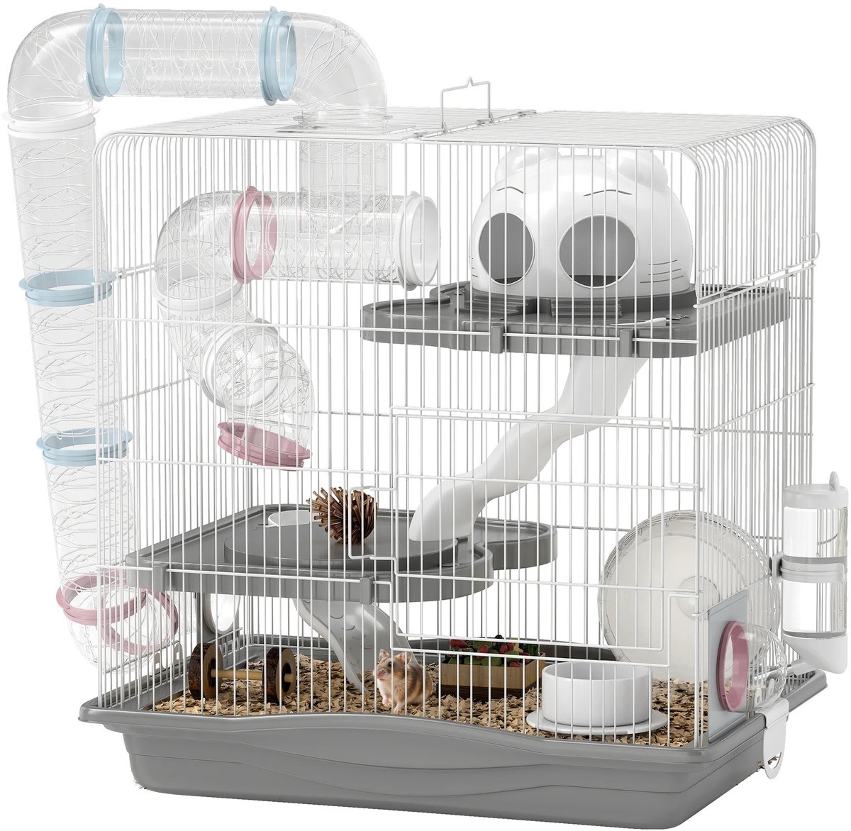 MokoHub Hamsterkooi - Met Tunnelplatforms, Hellingen en Looprad - Inclusief Huisje en Drinkbak - 45x30x45 cm - Grijs