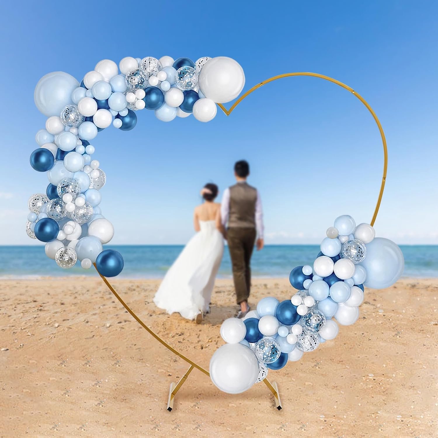 2,1 m x 2 m goud/wit metalen bruiloftsboog, hartvormige bruiloftsboog, metalen trouwboog, metalen ballonboog, kit voor feest, ceremonie, evenementen, decoratie (goud)