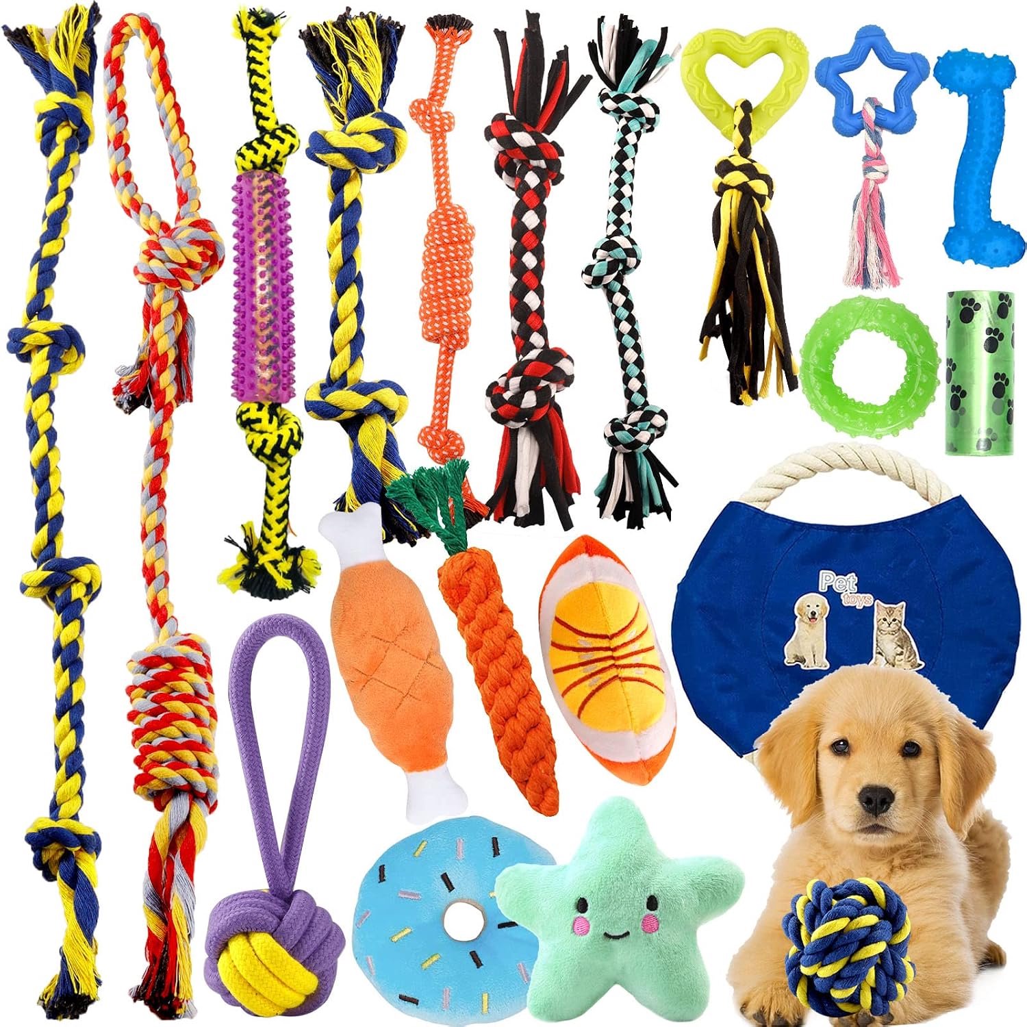 Hondenspeelgoed, 20 Speelgoedballen voor honden, hondenkauwspeelgoed, duurzaam kauwtouw, natuurlijk katoen en niet giftig
