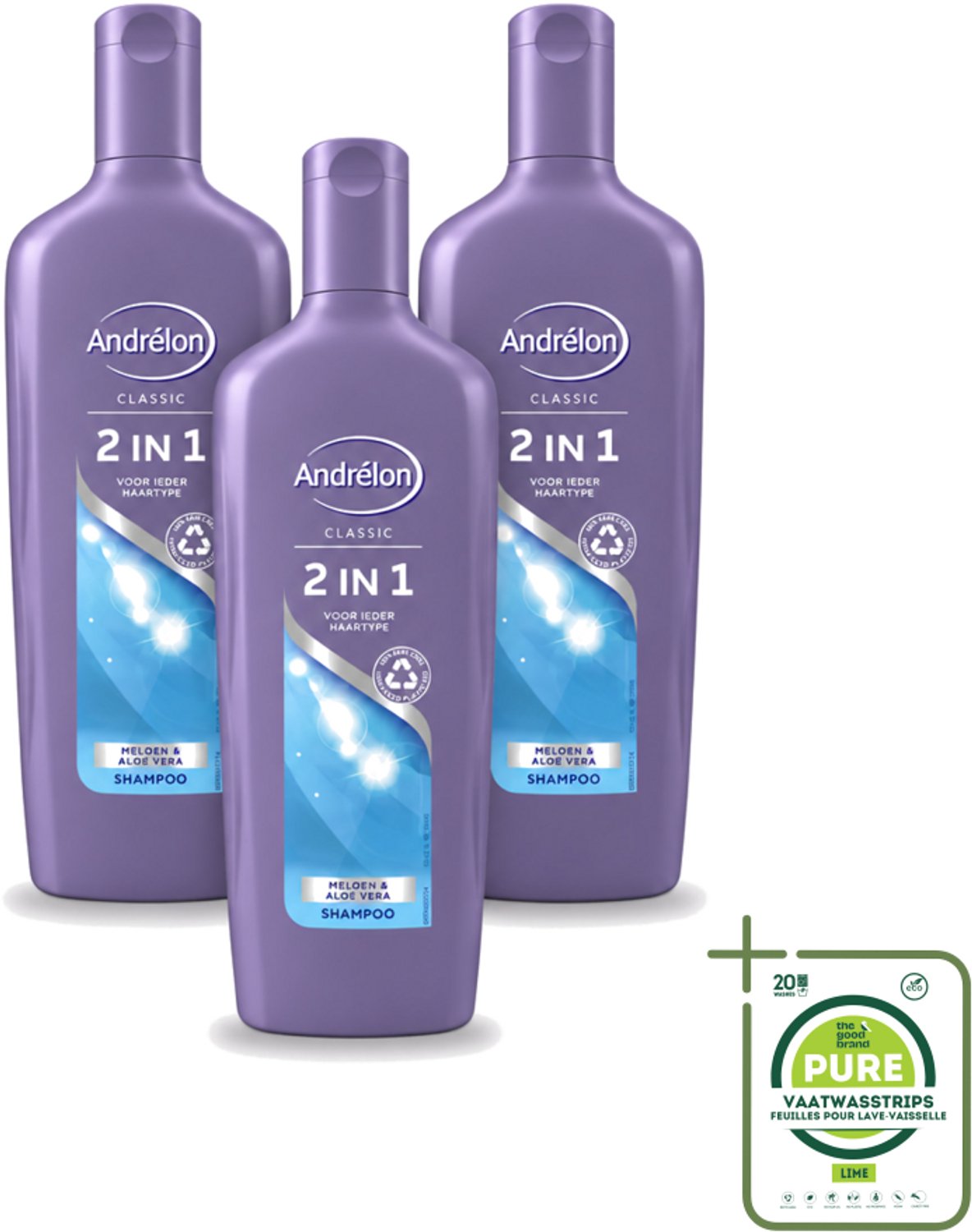 3 x Andrélon - 2-in-1 - Shampoo - Voor Snel & Effectief Wassen - 300 ml - Grootverpakking - Vaatwasstrips - 2-in-1 Shampoo En Conditioner - Snel Wassen - Haar Verzorgen - Meloen En Aloë Vera - Hydraat
