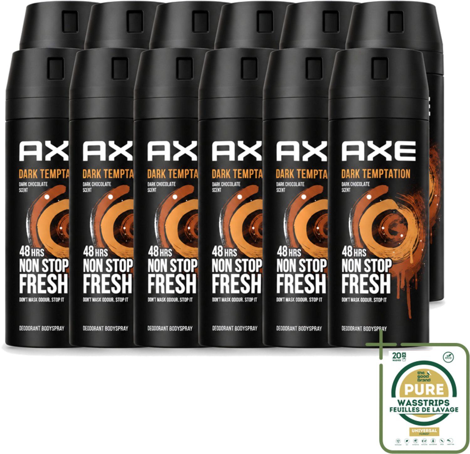 12 x Axe - Deodorant Bodyspray - 48hrs Non Stop Fresh - Dark Temptation - Dark Chocolate - 150 ml - Wasstrips - Axe Dark Temptation - Deodorant - Bodyspray - Chocolade Geur - Rode Peperkorrels