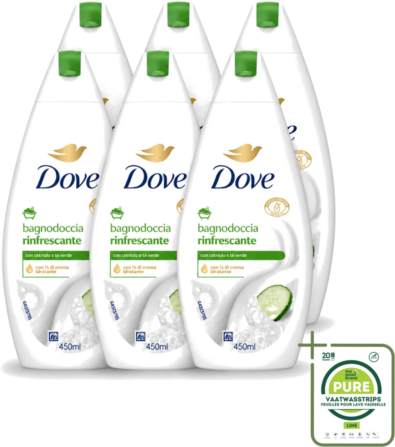 6 x Dove – Douchegel – Refreshing – 450 ml - Grootverpakking - Vaatwasstrips - Douchegel - Frisheid - Huidverzorging - Mild Reinigen - Schuim