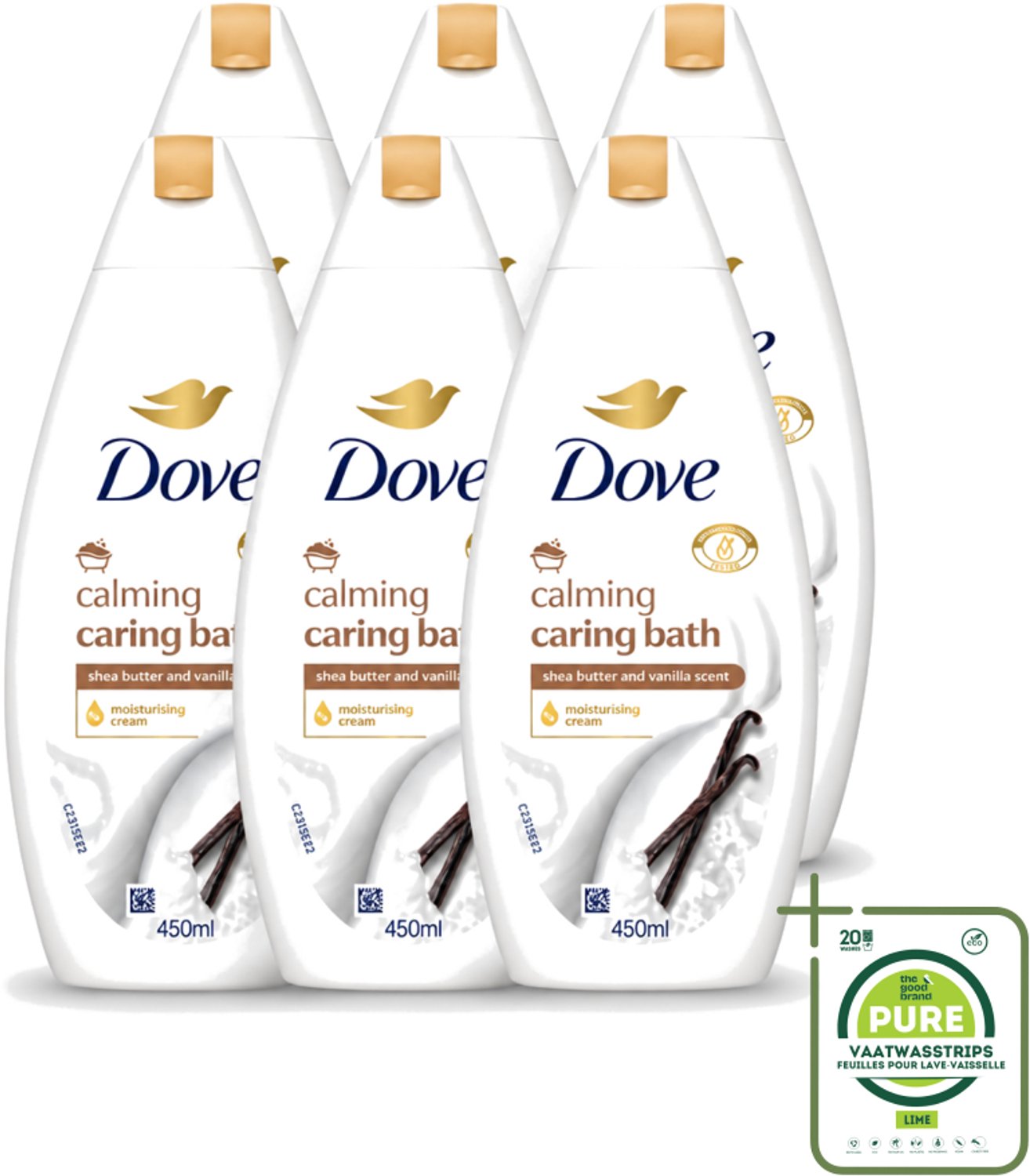 6 x Dove – Badcrème – Sheaboter & Vanille – 450 ml - Grootverpakking - Vaatwasstrips - Badcrème - Sheaboter - Vanille - Huid Verzorging - Vochtigheid
