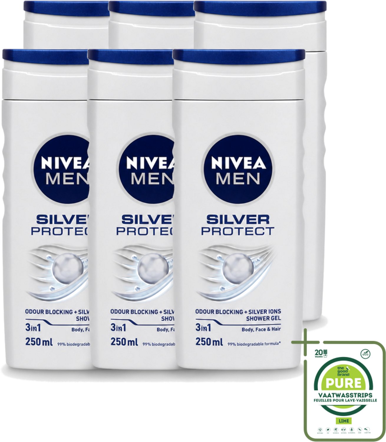 6 x Nivea Men – Douchegel – Silver Protect – 250 ml - Grootverpakking - Vaatwasstrips - Douchegel Mannen - Zilverionen - Frisheid - Lichaam Verzorging - Gezicht Verzorging