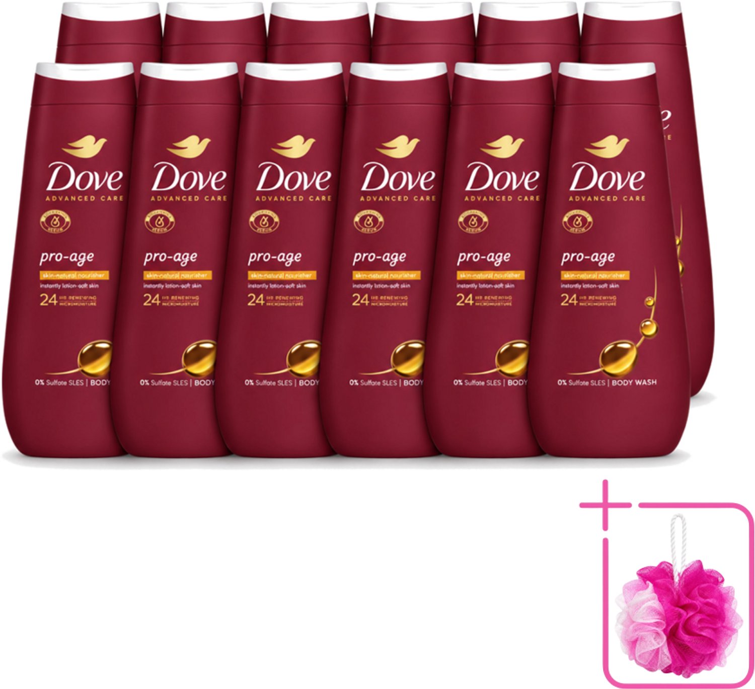 12 x Dove – Douchegel – Pro Age Body Wash – 400 ml - Bulkverpakking - Douchegel voor rijpere huid - Douchemop - Huidverzorging