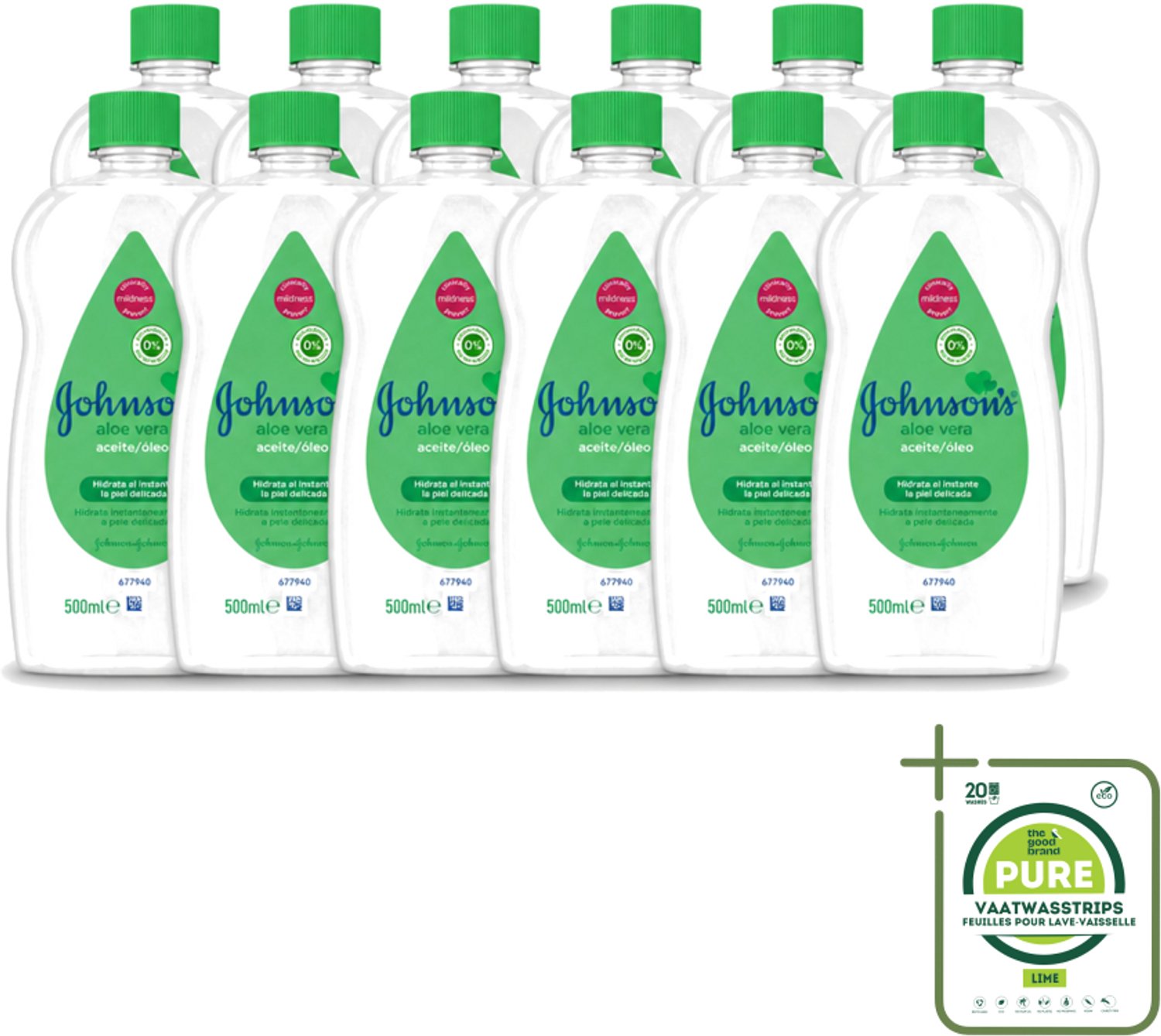 12 x Johnson's - Baby Olie - Aloe Vera - Hydrateerd Gevoelige Huid - 500 ml - Grootverpakking - Vaatwasstrips - Babyolie - Aloe Vera - Gevoelige Huid - Melkkorst Verwijderen - Hydraterende Olie