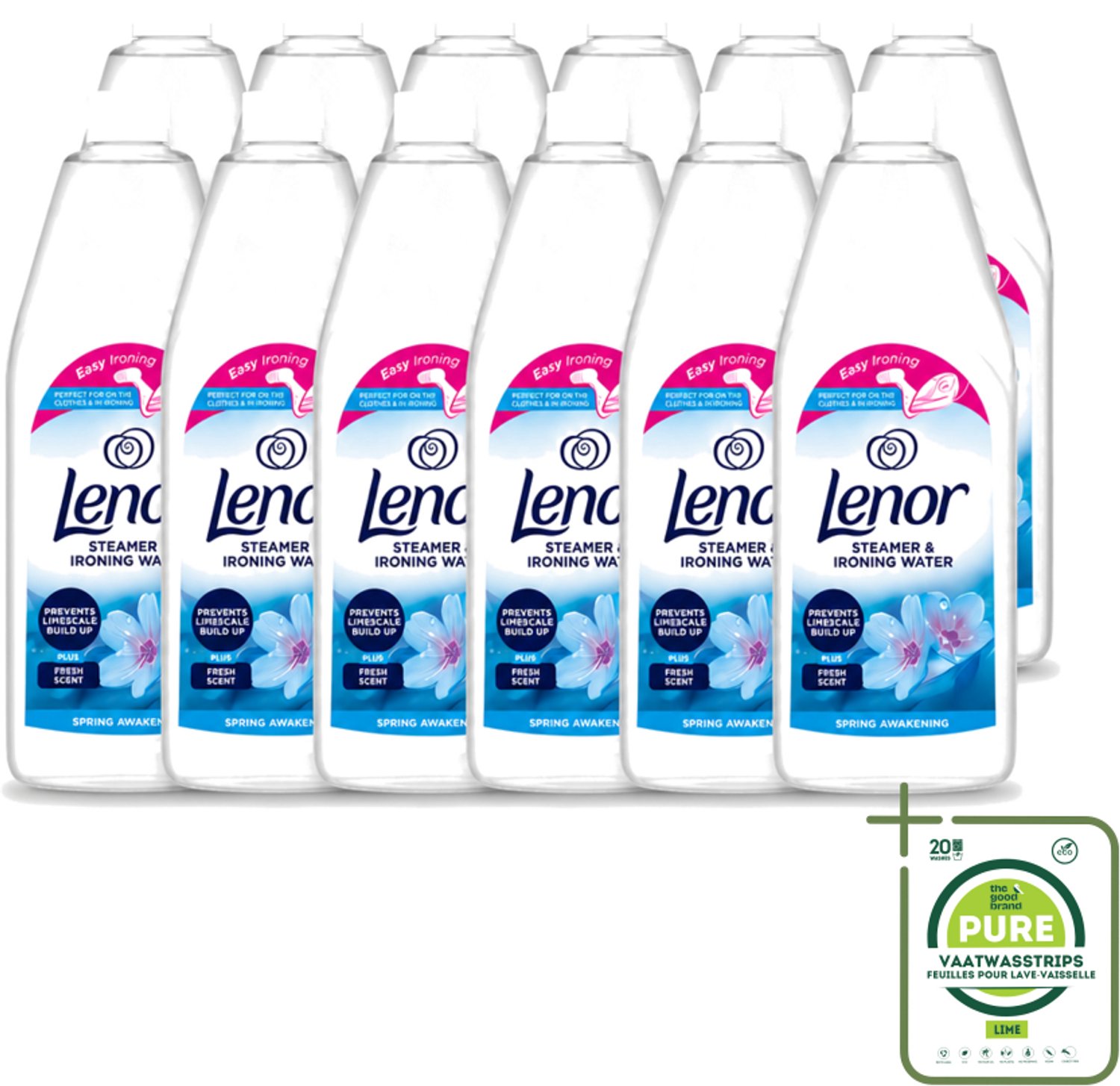 12 x Lenor - Strijkwater - Spring Awakening - Textielverfrisser - 1000 ml - Grootverpakking - Vaatwasstrips - Strijkwater - Textielverfrisser - Wasgoed Fris - Bloemige Geur - Kleding Verzorgen