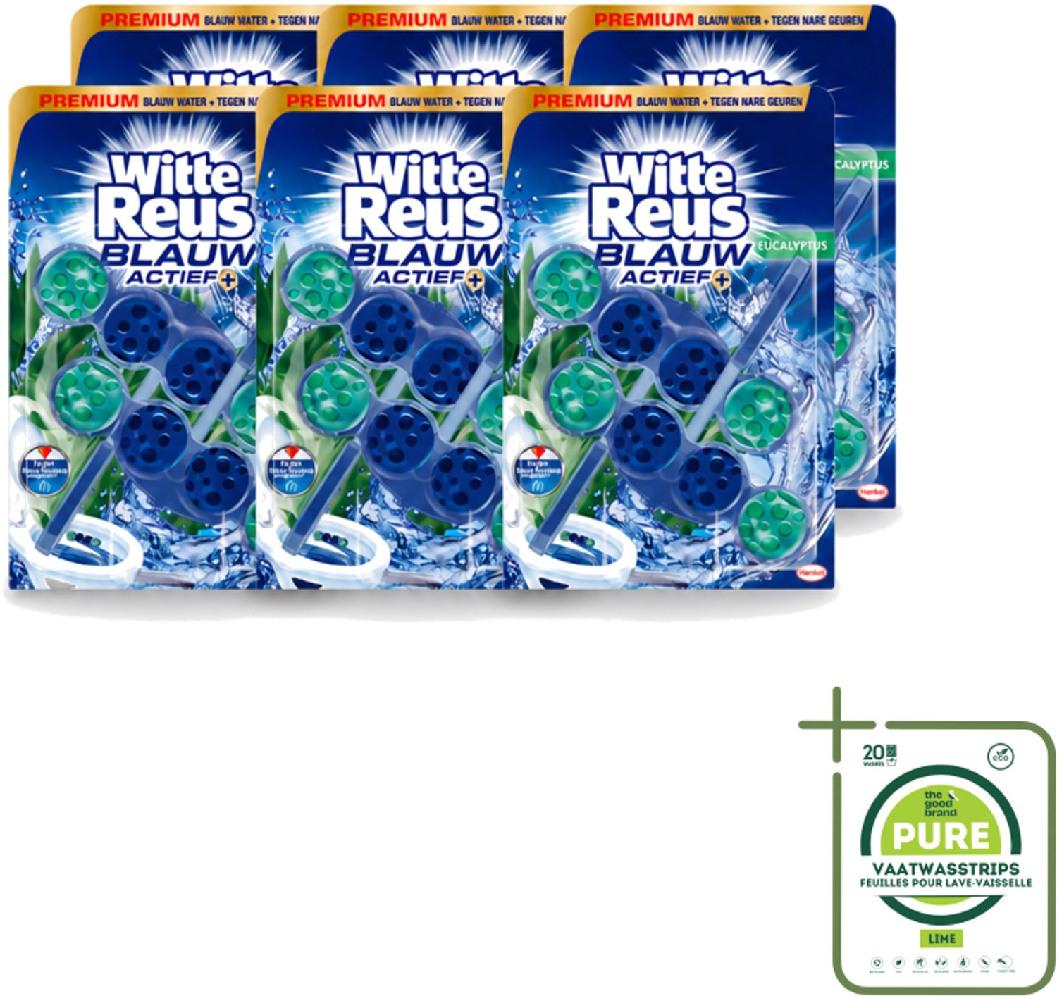 6 x Witte Reus - Toiletblok - Blauw Actief Eucalyptus - 2 Toiletblokken - Grootverpakking - Vaatwasstrips - Toiletblok - Toilet Reinigen - Blauw Water - Kalkaanslag Voorkomen - Frisse Geur
