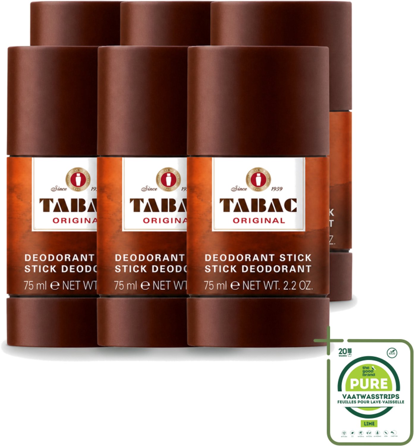 6 x Tabac Original - Deodorant Stick - Langdurige frisheid - 75 ml - Grootverpakking - Vaatwasstrips - Deodorant Stok - Zweetvervoeging - Geur - Mannelijke Geur - Frisheid