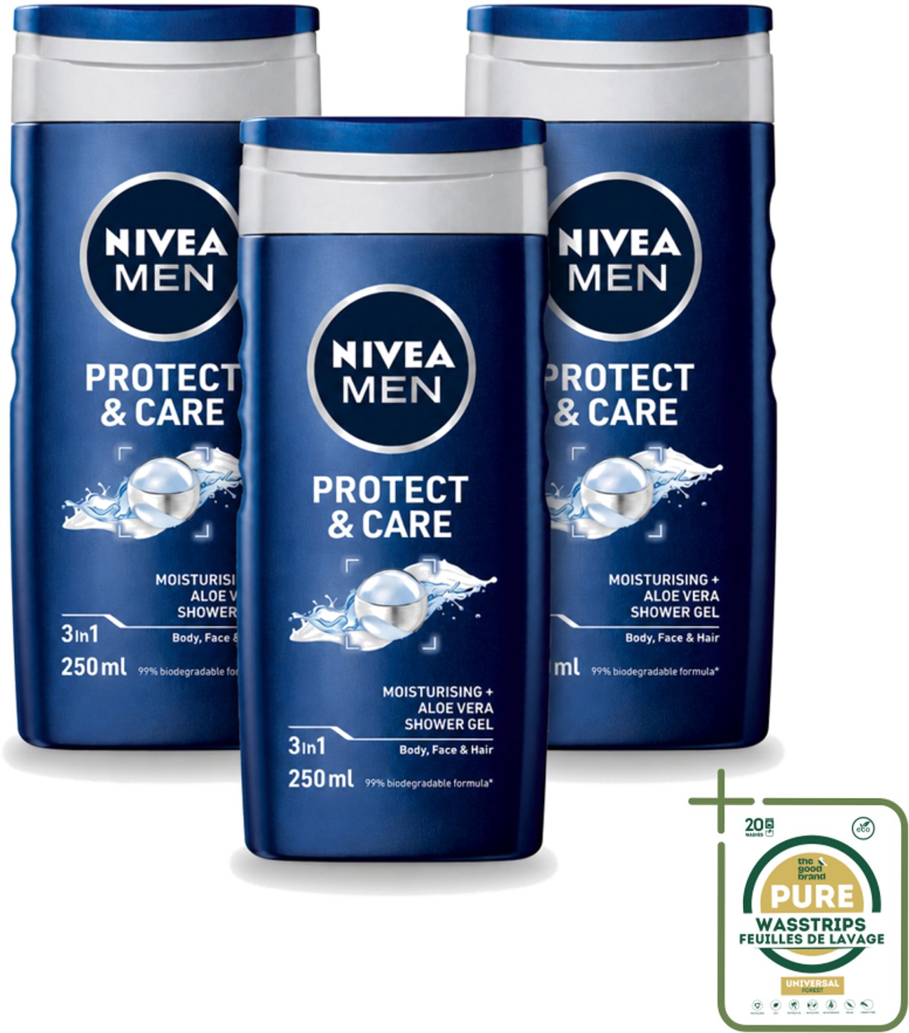 3 x Nivea - Men - Douchegel - Protect & Care - Met Aloe Vera 250 ml - Wasstrips - Douchegel Voor Mannen - Aloë Vera Douchegel - Lichaam En Haar Verzorging - Hydraatende Douchegel - PH-huidneutraal