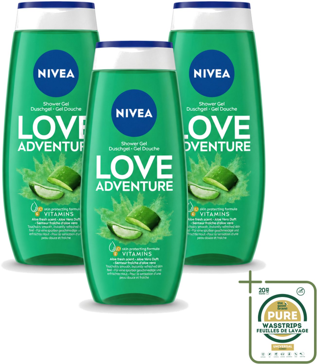 3 x Nivea - Love Adventure Douchegel - Huidbeschermend - 250 ml - Wasstrips - Douchegel - Huidbeschermend - Verfrissend - Vitamine C - Vitamine E