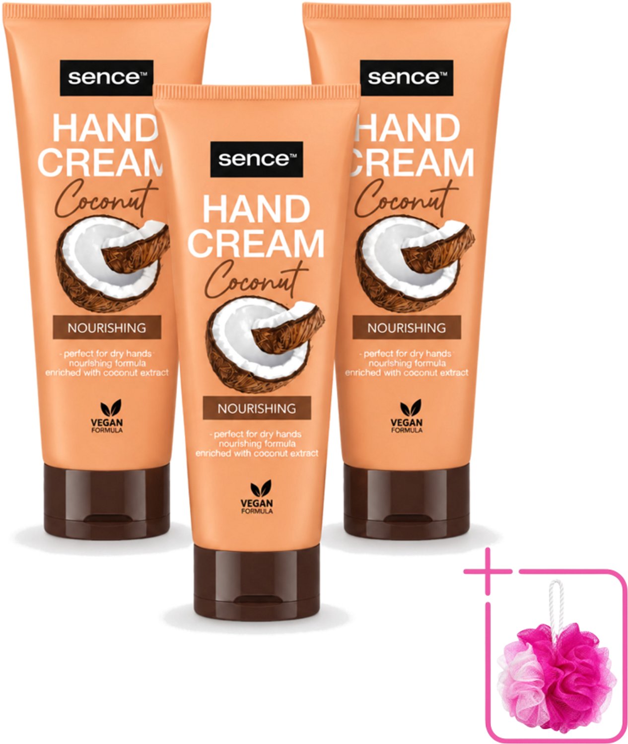 3 x Sence – Handcrème – Coconut Nourishing – 75 ml - Bulkverpakking - Handcrème - Douchemop - Kokosolie