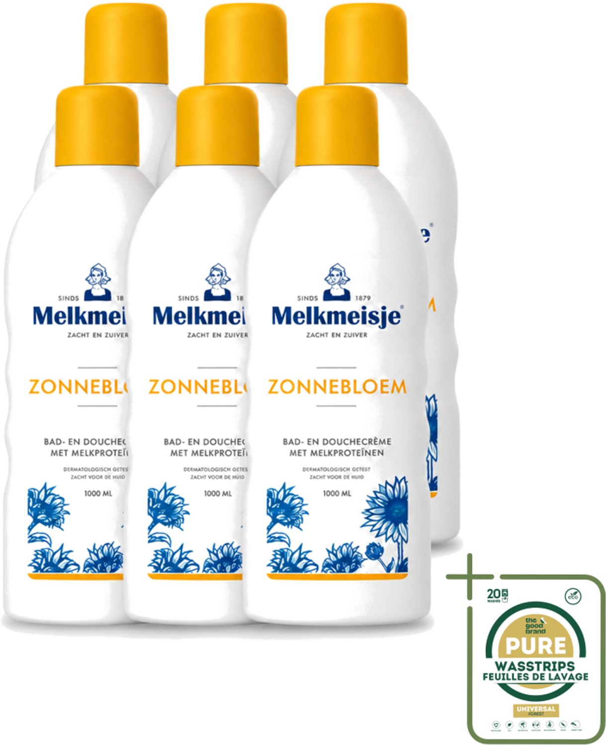 6 x Melkmeisje - Bad & Douche Zonnebloem - Romig Parfum - 1000 ml - Wasstrips - Douchecrème - Melkproteïnen - Zonnebloemextract - Huidverzorging - Fris Parfum