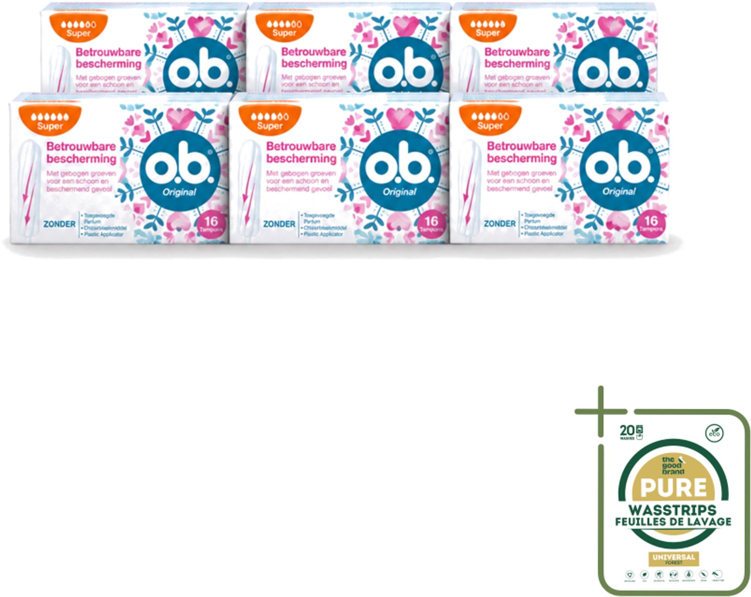 6 x o.b. Tampons - Original Super - Gebogen Groeven - Voor Betrouwbare Bescherming - 16 Tampons - Wasstrips - Tampons - Menstruatiebescherming - Gebogen Groeven - StayDry - Plantaardige Kern