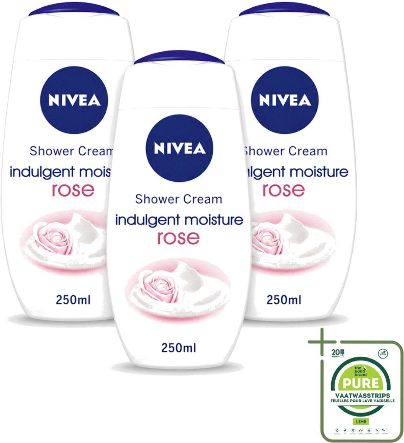 3 x Nivea - Shower Indulgent Moisture Rose Douchecrème - 250 ml - Grootverpakking - Vaatwasstrips - Douchecrème - Hydraterende Douchecrème - Amandelmelk - Rozengeur - Zachte Huid