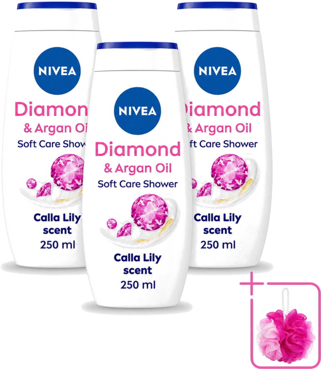 3 x Nivea - Diamond Touch Douchegel - Sensuele Leliegeur - 250 ml - Bulkverpakking - Douchegel - Douchemop - Diamantpoeder