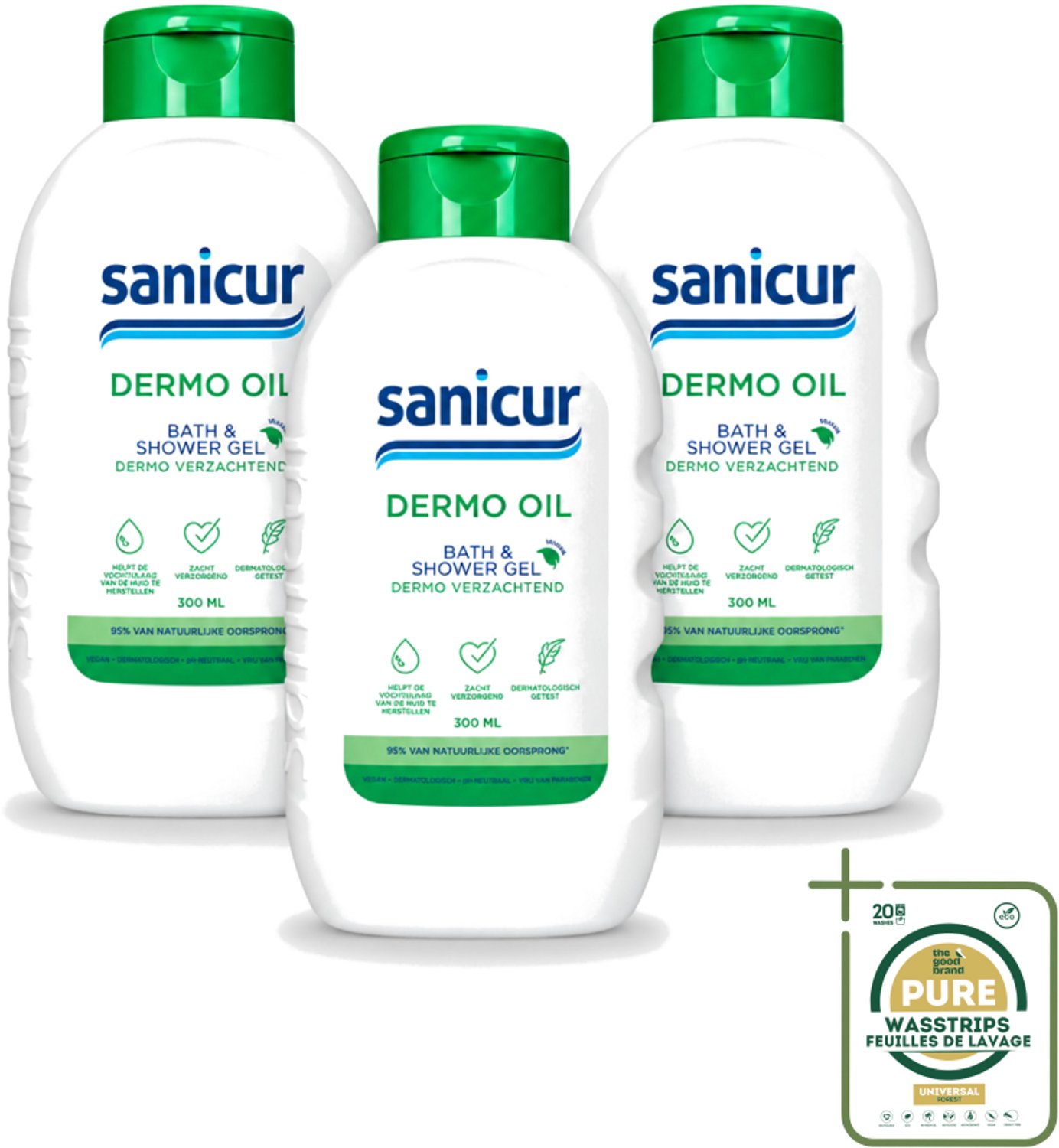 3 x Sanicur – Bad & Douchegel – Dermo-Oil – 300 ml - Wasstrips - Bad En Douchegel - Droge Huid - Gevoelige Huid - Voedende Badgels - Huidbarrière