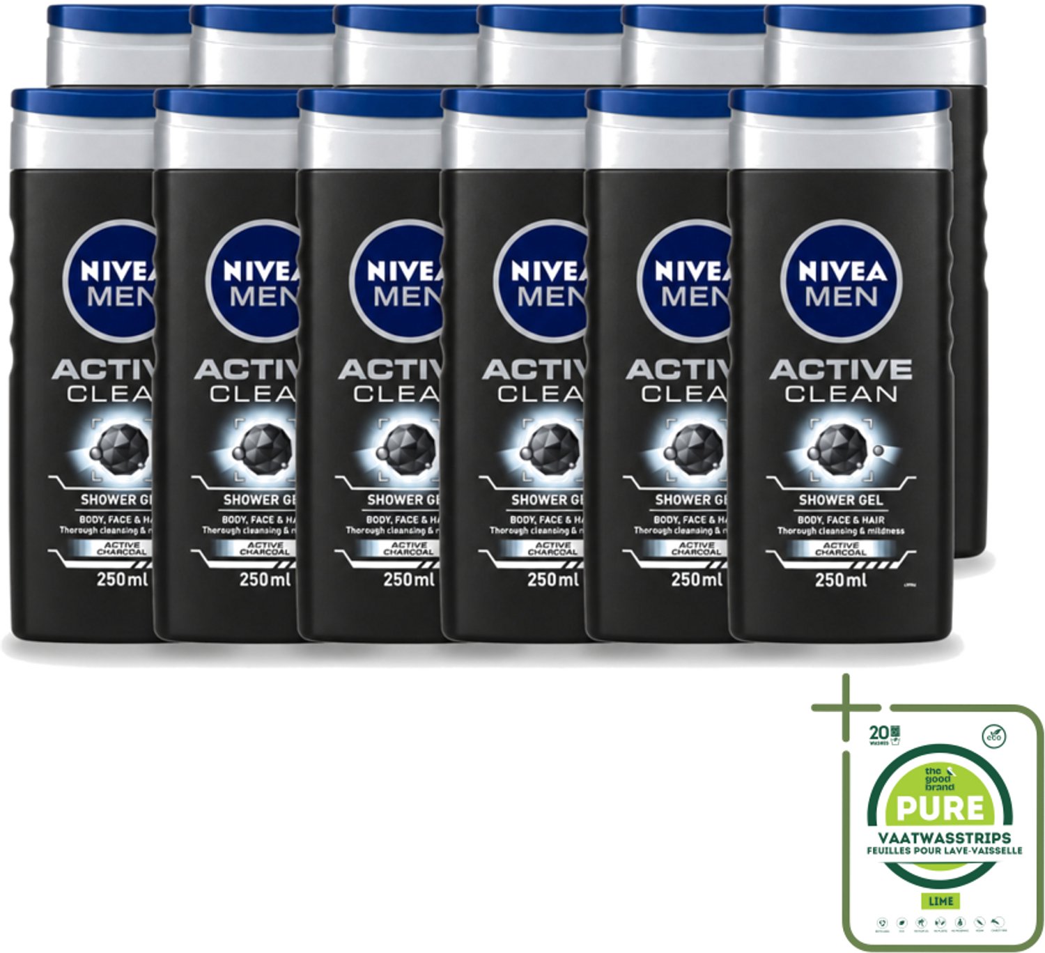 12 x Nivea Men – Douchegel – Active Clean – 250 ml - Grootverpakking - Vaatwasstrips - Douchegel Mannen - Reiniging Huid - Actieve Houtskool - Vuil Verwijderen - Huid Verzorging