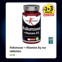 Verpakking van Lucovitaal Foliumzuur + Vitamine D3 120 tabletten, met "2+3 gratis" promotie.