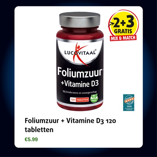Verpakking van Lucovitaal Foliumzuur + Vitamine D3 120 tabletten, met "2+3 gratis" promotie.