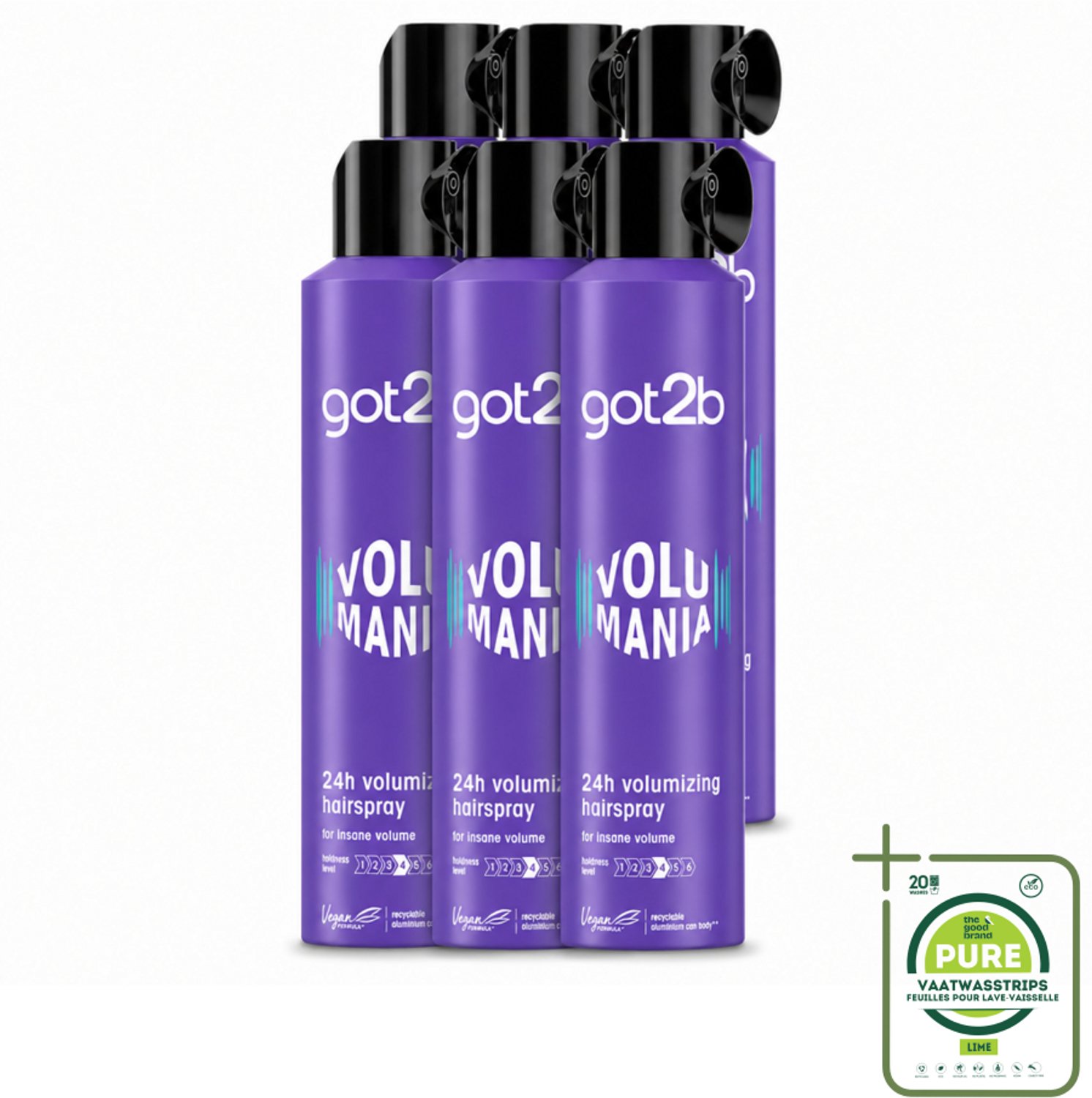 6 x Got2B - Haarspray - Volumania - 300 ml - Grootverpakking - Vaatwasstrips - Haarspray - Volume - Body - Hold - Vegan