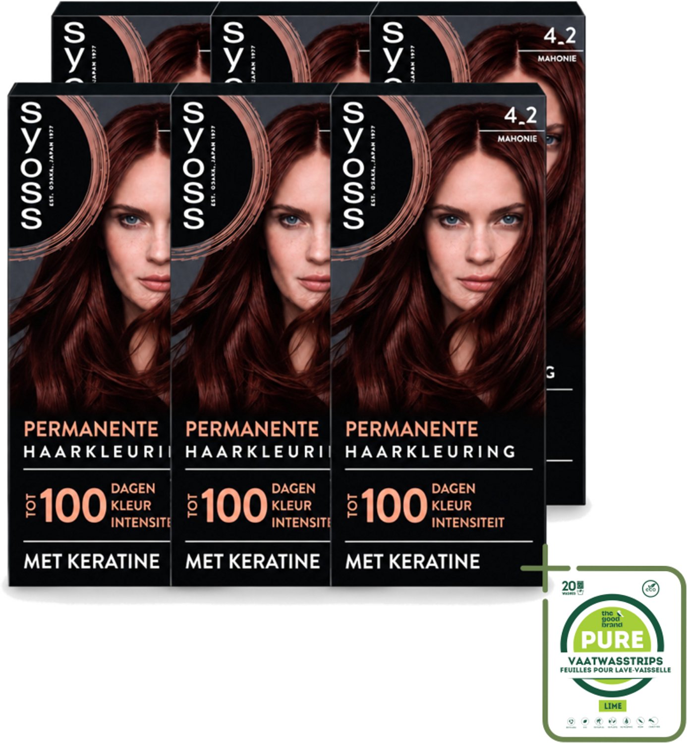 6 x SYOSS - Coloration 4-2 Mahonie - Haarverf - Grijsdekking - Vermindert Haarbreuk - Grootverpakking - Vaatwasstrips - Haarkleuring - Permanente Haarkleuring - Grijsdekking - Keratine - Haarkleur