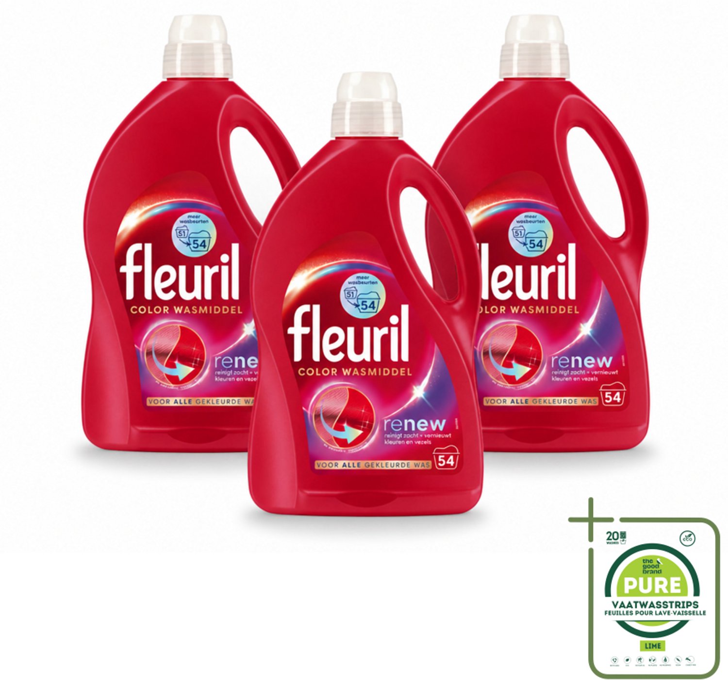 3 x Fleuril - Wasmiddel - Renew Color Vloeibaar Wasmiddel - Gekleurde Was - 54 wasbeurten - Grootverpakking - Vaatwasstrips - Kleurbehoud - Wasmiddel Voor Gekleurde Kleding - Vloeibaar Wasmiddel - Vezelverzorging - Frisse Geur