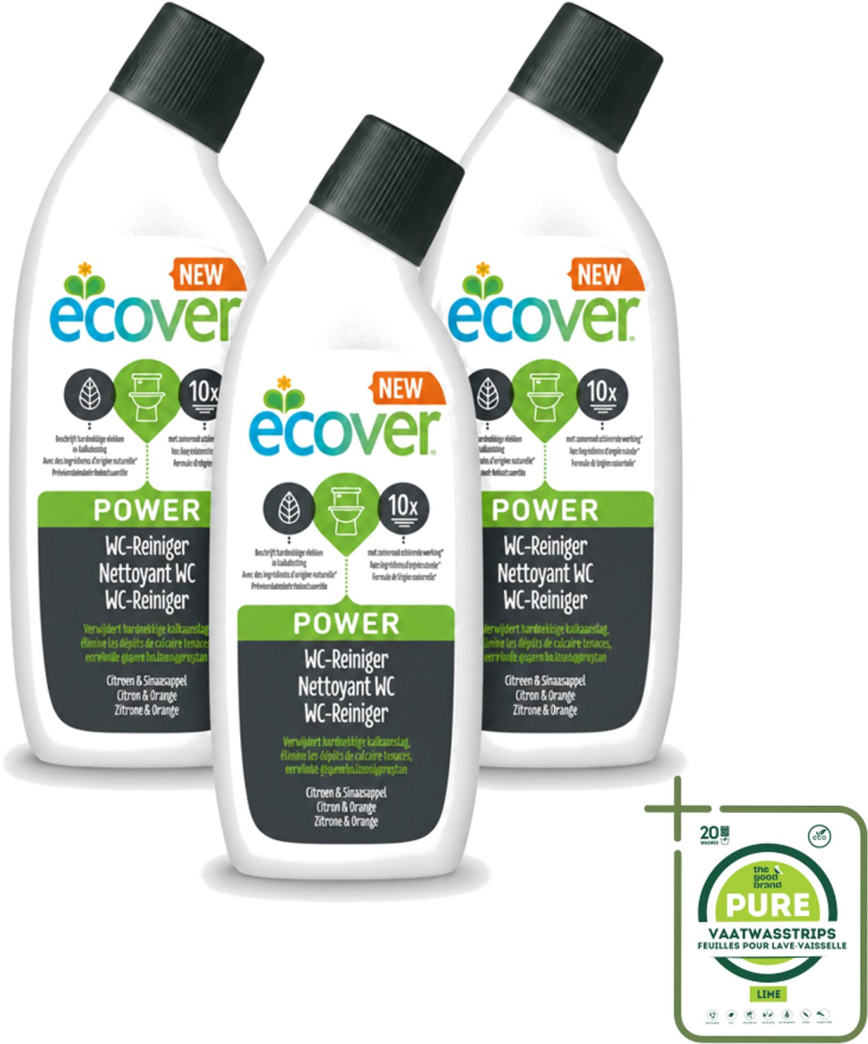 3 x Ecover - Toiletreiniger Power - 750 ml - Grootverpakking - Vaatwasstrips - Toiletreiniger - Kalkaanslag - Plantaardige Reiniging - Ecologische Toiletreiniger - Krachtige Toiletreiniger