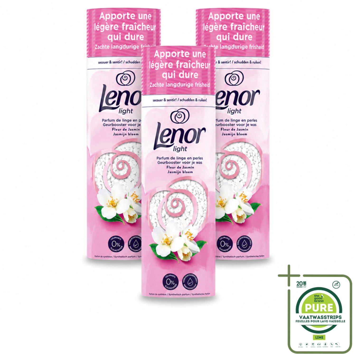 3 x Lenor Light - Geurbooster - Jasmijn - Non-Stop Frisheid - 19 Wasbeurten - Grootverpakking - Vaatwasstrips - Wasgeur - Zijdebloesem - Pioenroos - Geurbooster - Wasgoed