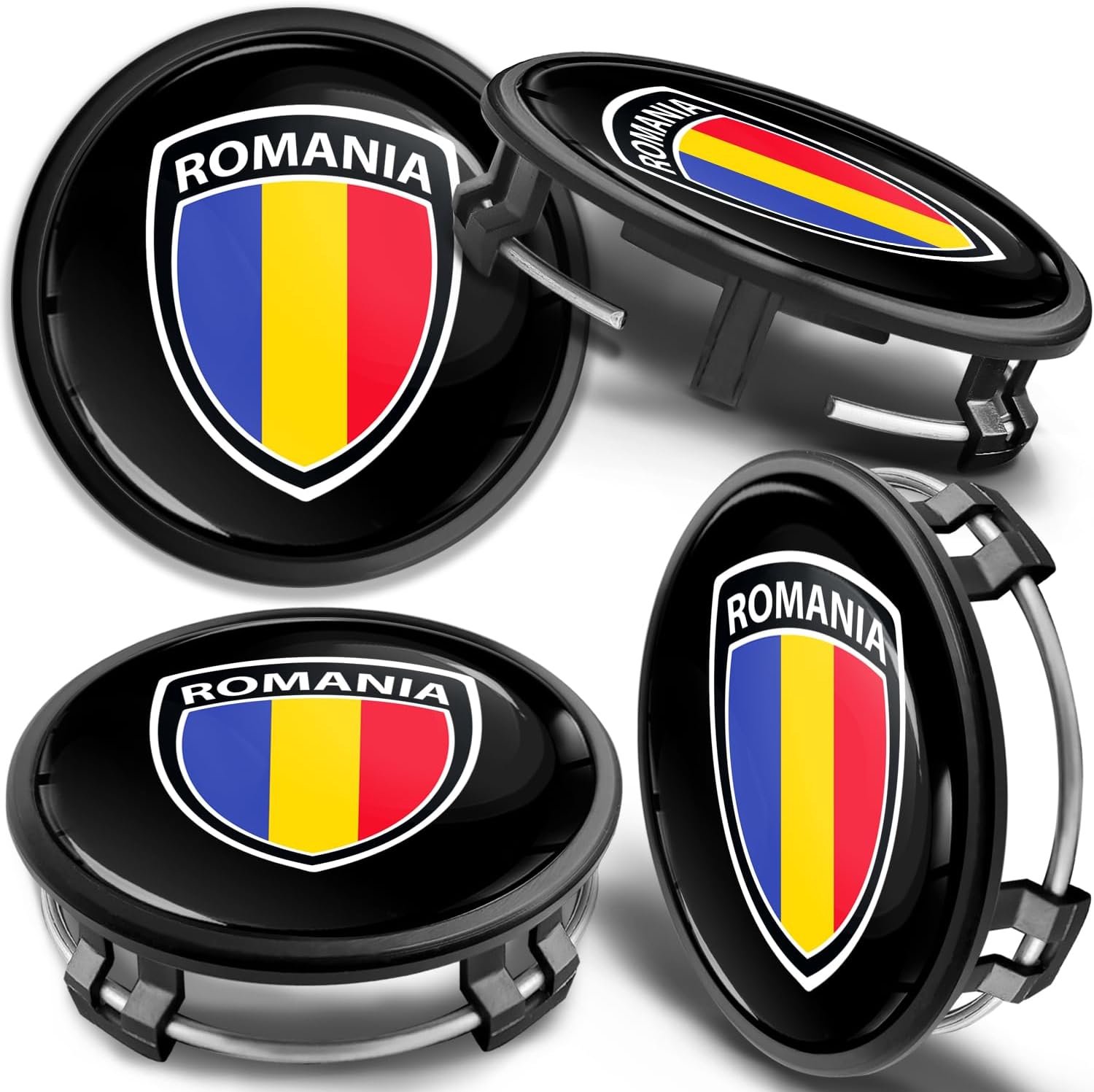 4 x 75mm wieldoppen wielnaafdoppen velgdoppen naafdop compatibel met Mercedes Benz B66470207 / B66470200 Velgendeksel Roemenië Roemeense vlag zwart CM 47
