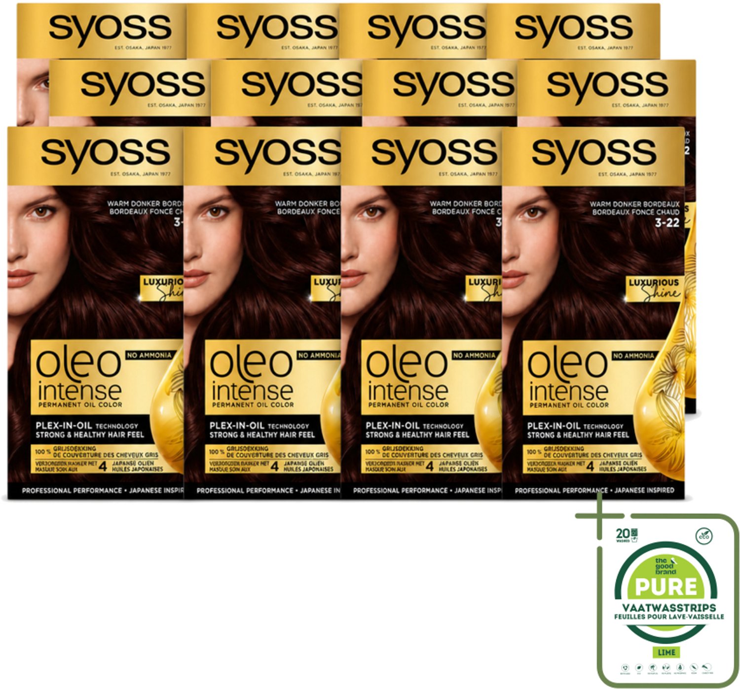 12 x SYOSS - Oleo Intense 3-22 - Haarverf - Permanente Haarkleuring - Warm Donker Bordeaux - Langdurige Kleur - Grootverpakking - Vaatwasstrips - Haarkleur - Haarkleuring - Bordeauxrood - Olieformule - Grijsdekking
