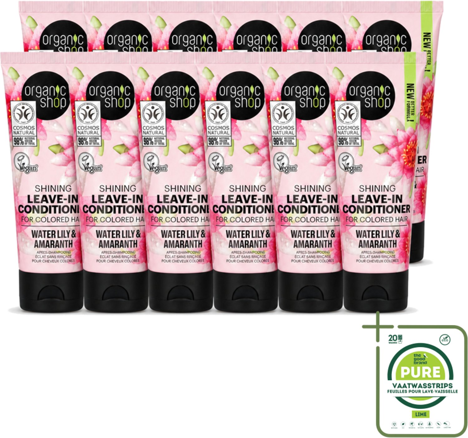 12 x Organic Shop - Shining Leave-In Conditioner Water Lily & Amaranth - 75 ml - Grootverpakking - Vaatwasstrips - Haarkleur Bescherming - Natuurlijke Haarkleur - Gezond Haar - Haarverzorging - Leave-in Conditioner