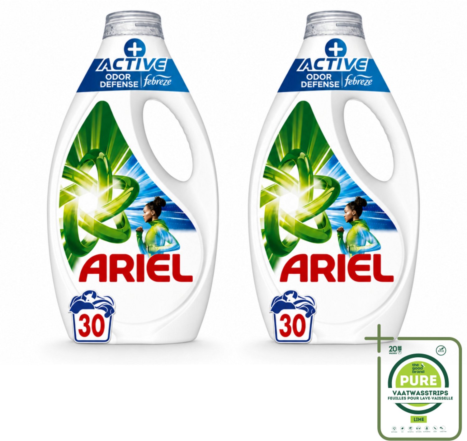 2 x Ariel - Vloeibaar Wasmiddel - +Actieve Odor Defense - 30 Wasbeurten - 1,35 liter - Grootverpakking - Vaatwasstrips - Wasmiddel - Geurverwijdering - Zweetgeuren - Vlekken - Wasbeurt