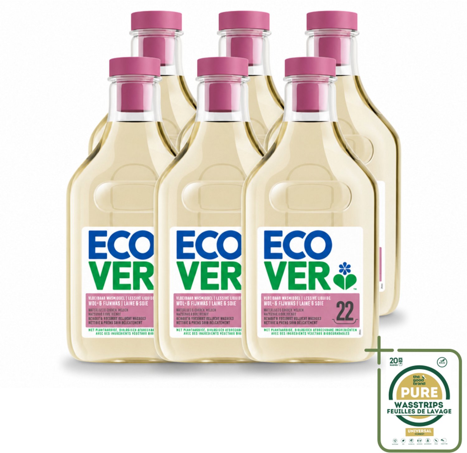 6 x Ecover - Vloeibaar wasmiddel - Wol & Fijnwas - 1 liter - 22 wasbeurten - Wasstrips - Wasmiddel Wol - Fijne Was - Zachte Was - Biologisch Afbreekbaar - Ecover