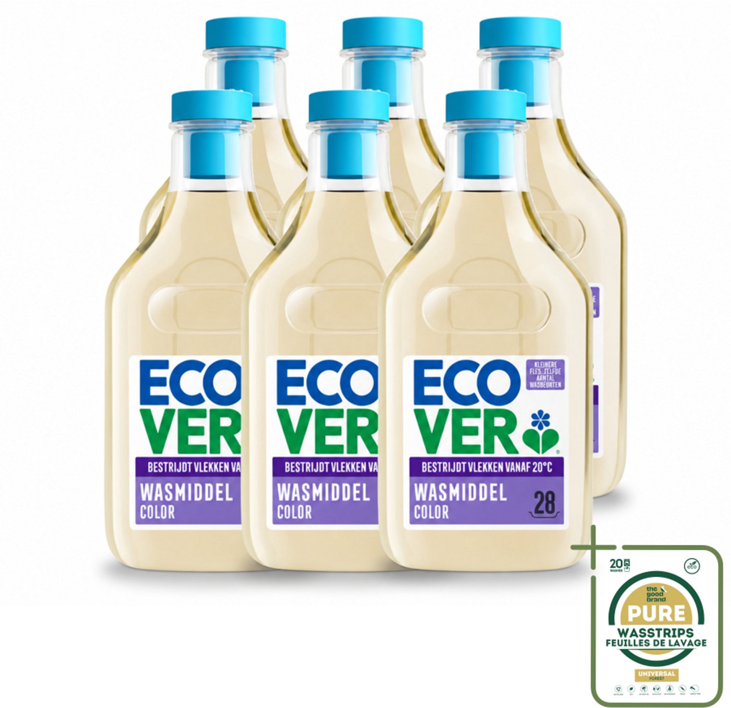 6 x Ecover - Vloeibaar wasmiddel - Color - Appelbloesem & Freesia - 1 liter - 28 wasbeurten - Wasstrips - Wasmiddel Kleurrijk - Natuurlijk Wasmiddel - Biologisch Afbreekbaar Wasmiddel - Vlekken Verwijderen - Frisse Geur Wasmiddel