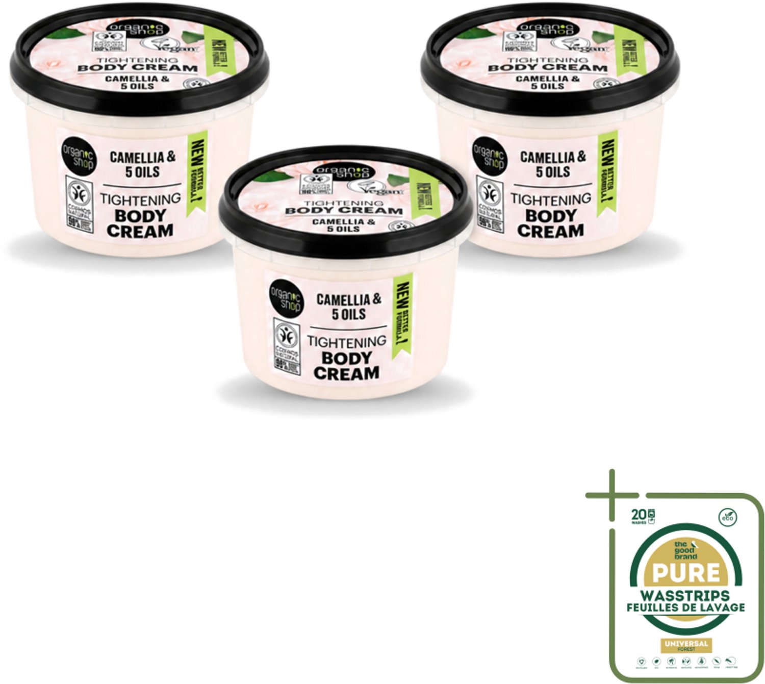 3 x Organic Shop - Organic Camellia & 5 Oils Body Cream - Verzachtend en Hydraterend - 250 ml - Wasstrips - Huidverzorging - Hydraterende Crème - Verzachtende Crème - Droge Huid - Natuurlijke Crème