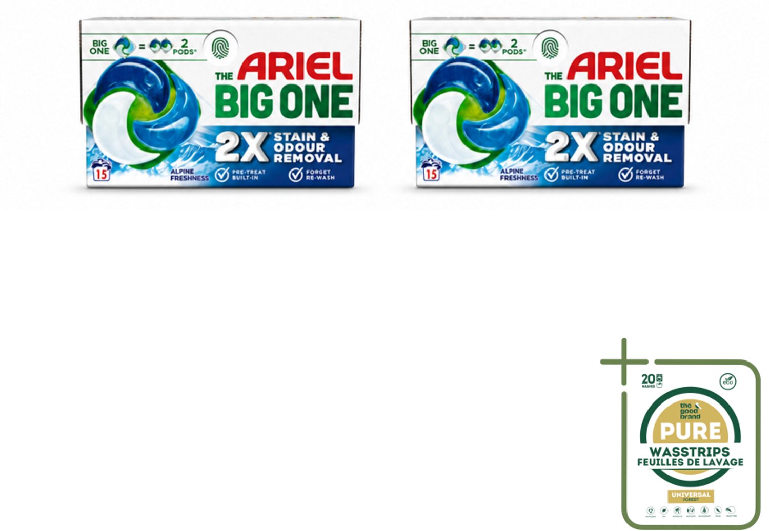 2 x Ariel - 3in1 Wasmiddel Pods - The Big One - Alpine - 15 Pods - Wasstrips - Ariel 3in1 Pod - Wasmiddel - Wasmiddelcapsule - Reinigingskracht - Vlekverwijdering