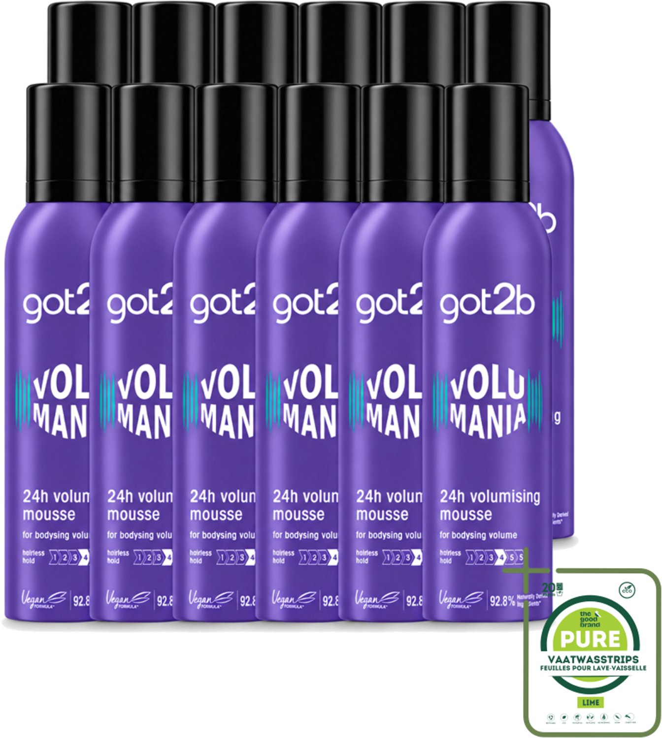 12 x Got2B - Volumemousse - Volumania 24H - 250 ml - Grootverpakking - Vaatwasstrips - Haar Volume - Haarkleur - Haarkleuring - Haarkleuring - Haarkleur
