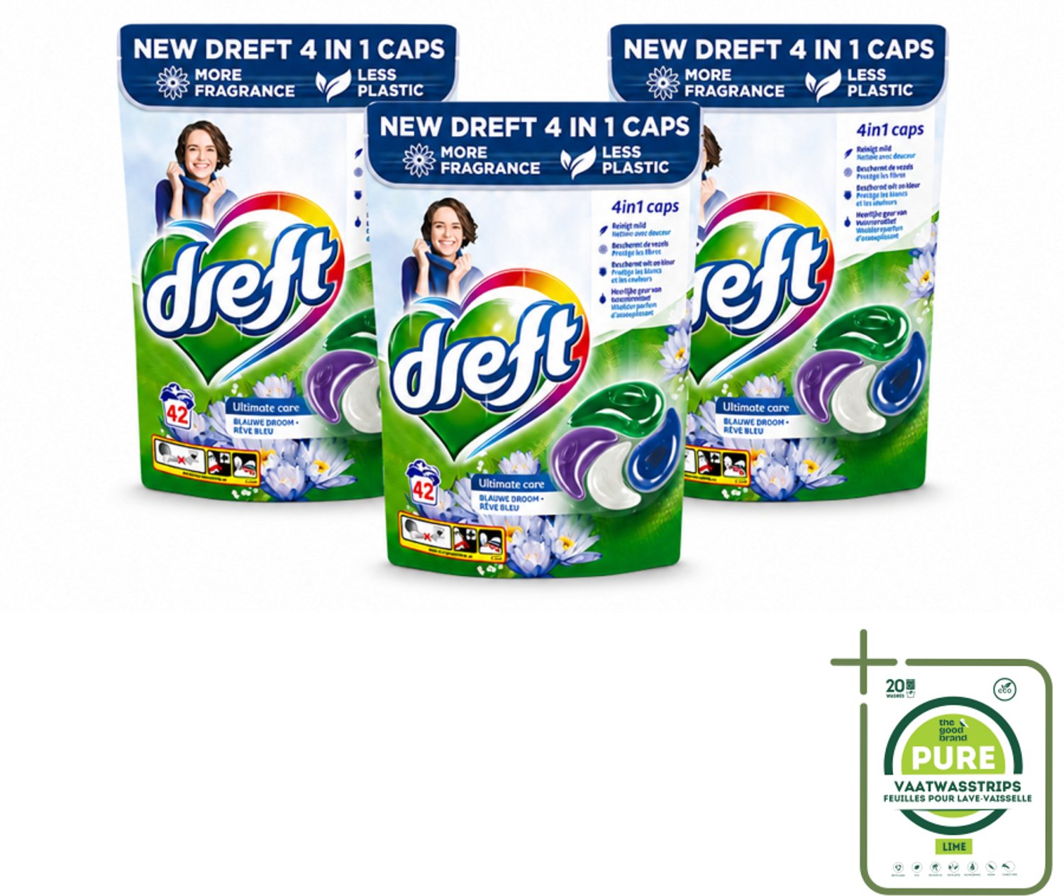 3 x Dreft - Wasmiddelcapsules - 4-in-1 Blue Dream - Krachtige waskracht - 42 Wasbeurten - Grootverpakking - Vaatwasstrips - Wasmiddel - Wasmachine - Wascapsules - Frisheid - Kleurbescherming