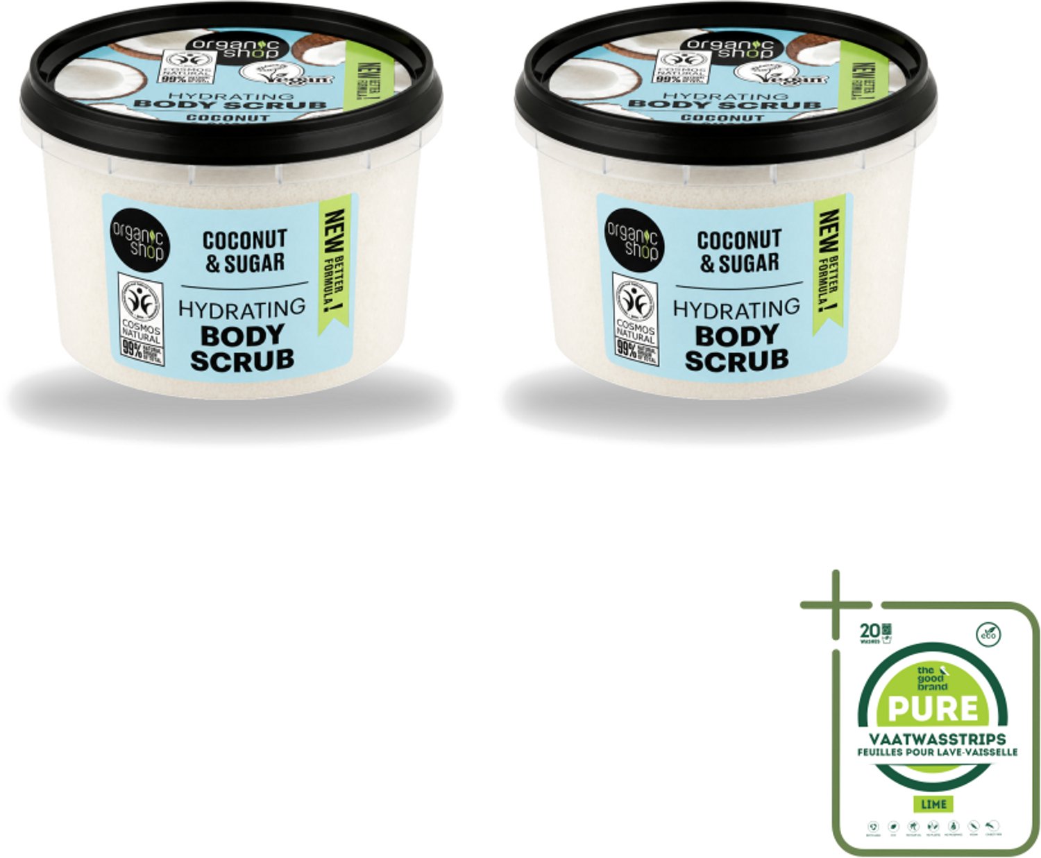 2 x Organic Shop - Hydrating Body Scrub Coconut - Diep Voedend - 250 ml - Grootverpakking - Vaatwasstrips - Hydratatie - Exfoliatie - Suikerscrub - Kokosolie - Natuurlijke Huidverzorging