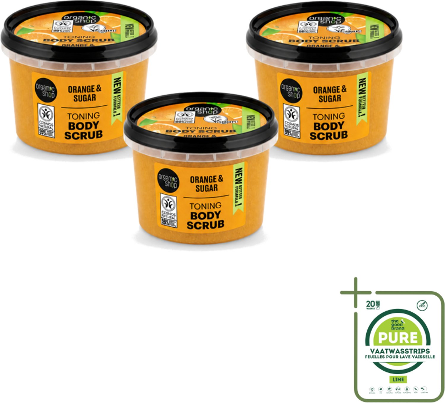 3 x Organic Shop - Body Scrub Orange - Verzorgend en Geurend - 250 ml - Grootverpakking - Vaatwasstrips - Bodyscrub - Huidverzorging - Sinaasappelolie - Exfoliatie - Natuurlijke Huidverzorging
