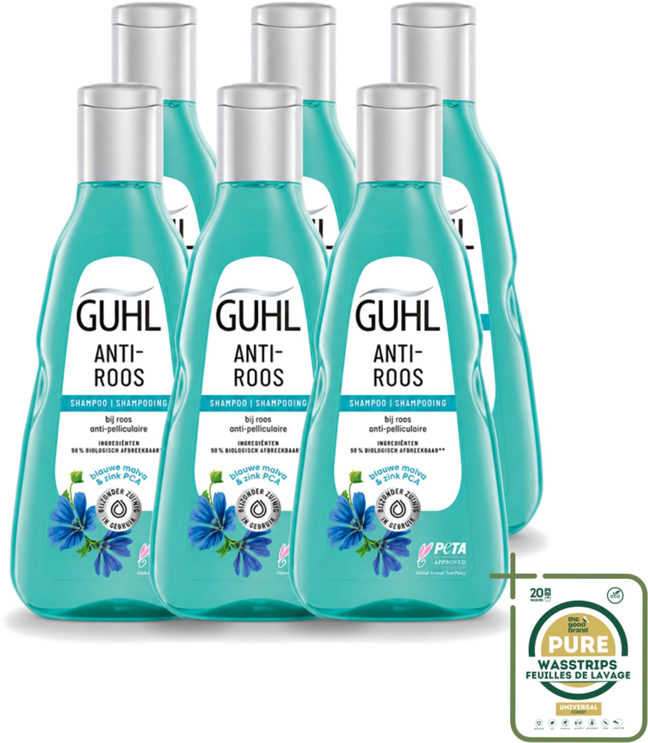 6 x Guhl - Shampoo - Anti-Roos - 250 ml - Wasstrips - Anti-roos Shampoo - Roosvrije Hoofdhuid - Hoofdhuid Verzorging - Roos Bestrijding - Kalmerende Shampoo